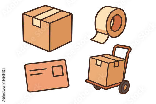 Sealed cardboard boxes, packing tape, shipping label, and utility dolly for delivery and moving