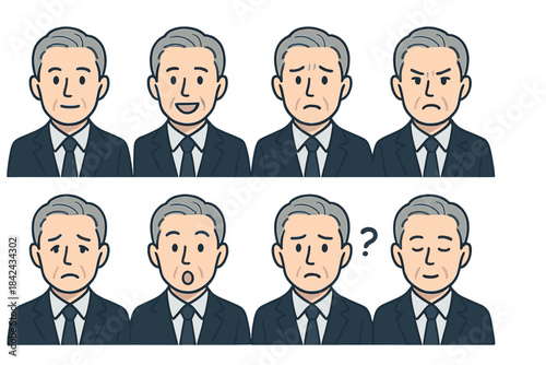 Eight different facial expressions of a mature man in professional business attire