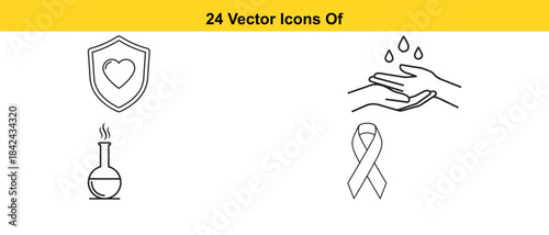 A collection of simple black and white vector icons depicting care protection and support