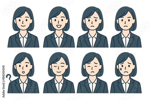 Eight different facial expressions showing various emotions of a professional woman in a suit