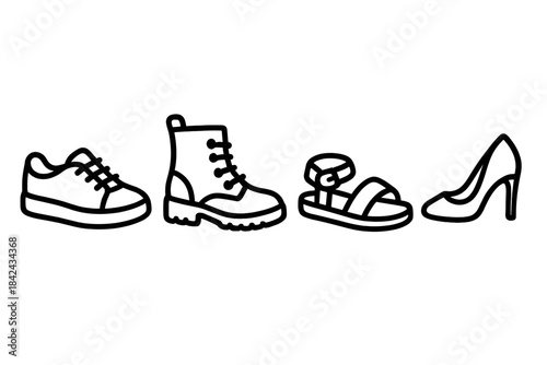 Outline drawing of different shoes: athletic sneaker, rugged combat boot, summer sandal, and high heel pump