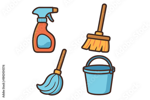 Set of essential household cleaning tools including spray bottle broom mop and water bucket