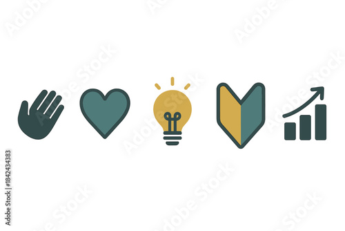 Essential symbols representing support, affection, idea, learning, and progress concepts