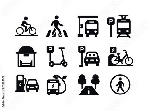 Sustainable Mobility Icons. Sustainable urban mobility. Solid ic
