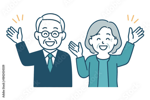 Happy senior couple raising their hands in a cheerful welcoming gesture