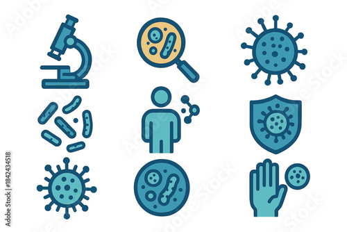 Microbiology and Virology Symbols featuring Bacteria, Viruses, Microscope, and Immunity