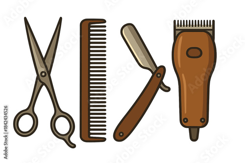 Professional barber tools including scissors, comb, straight razor, and electric hair clipper