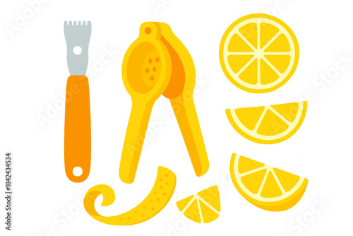 Bright yellow lemon slices, citrus press juicer, and kitchen zesting tool set