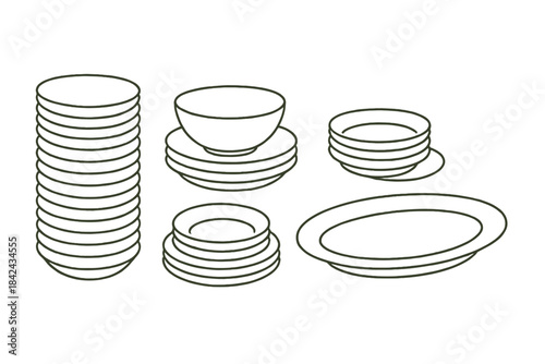 Stacked dinnerware collection including plates, bowls, and serving platters