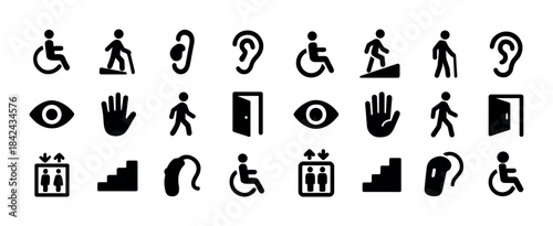 Accessibility icons: wheelchair, hearing, vision, hand, elevator