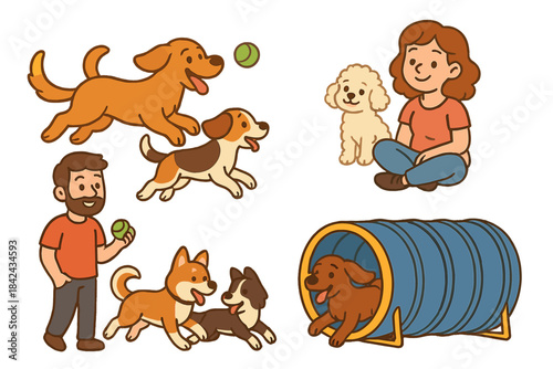 Playful dogs and owners engaging in fun activities and agility training