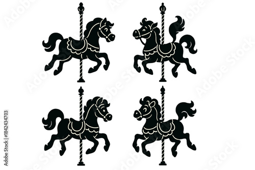 Repeating pattern of four classic carousel horse silhouettes on decorative poles