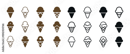 Variety of ice cream cone icons in different styles and shades