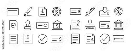 Financial icons set: cards, checks, stamps, documents, banks in