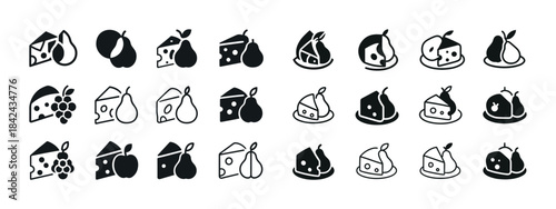 Monochrome icons of cheese, fruits, and food pairings