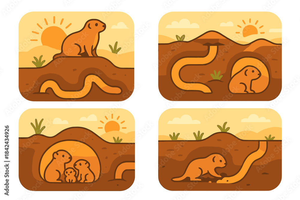 Fototapeta premium Prairie dogs and snakes coexist in a sunny desert landscape showcasing their daily life routines
