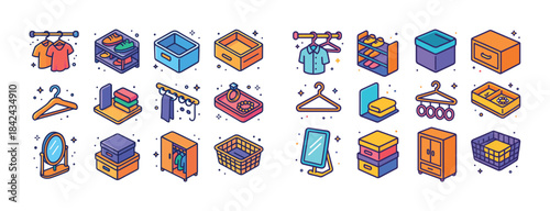 Colorful cartoon illustrations of closet and wardrobe essentials