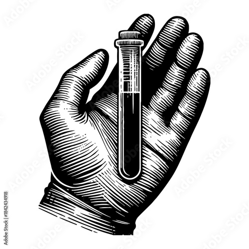 Vintage Engraved Hand Holding Test Tube With Red Liquid Black and White Illustration