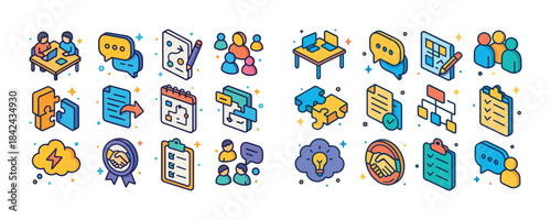 Colorful business icons: teamwork, communication, strategy, plan
