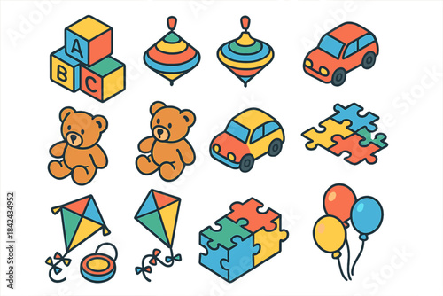 Colorful collection of toys and games including blocks, cars, and teddy bears for children's playtime