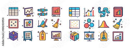 Colorful data analytics and statistical tools icons set
