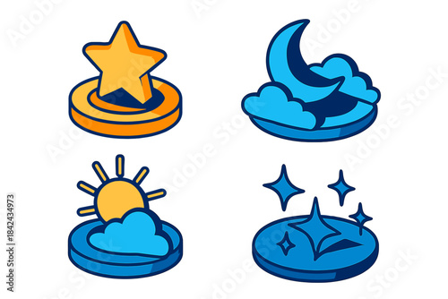 Colorful icons representing different celestial elements including a star, moon, sun, and sparkling stars set against soft clouds
