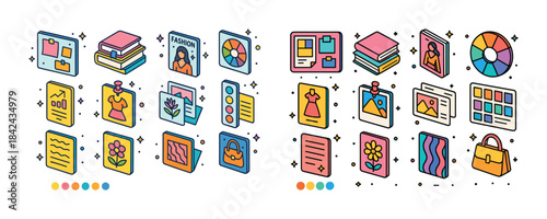 Colorful fashion and design icons featuring books, clothing, and
