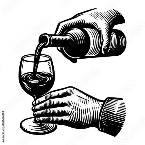 Vintage Engraved Hands Pouring Red Wine Into Elegant Glass Detailed Etching Style