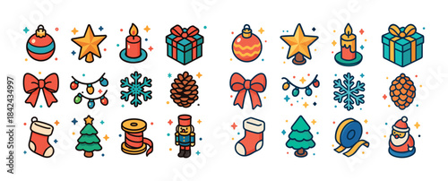 Colorful christmas icons set with decorations and festive elemen