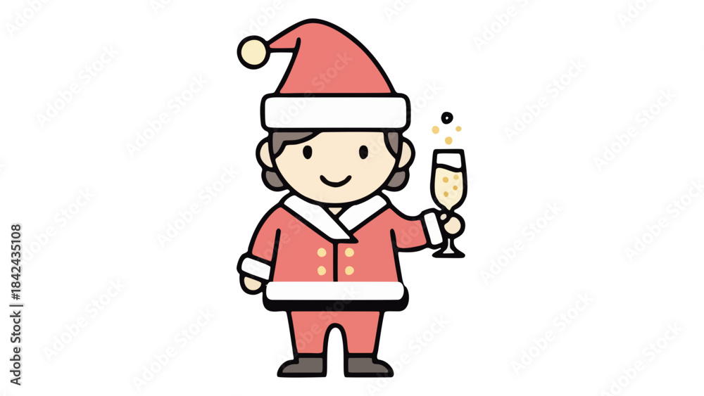 Naklejka premium Cute Cartoon Child Celebrating Holidays with Sparkling Drink and Santa Hat