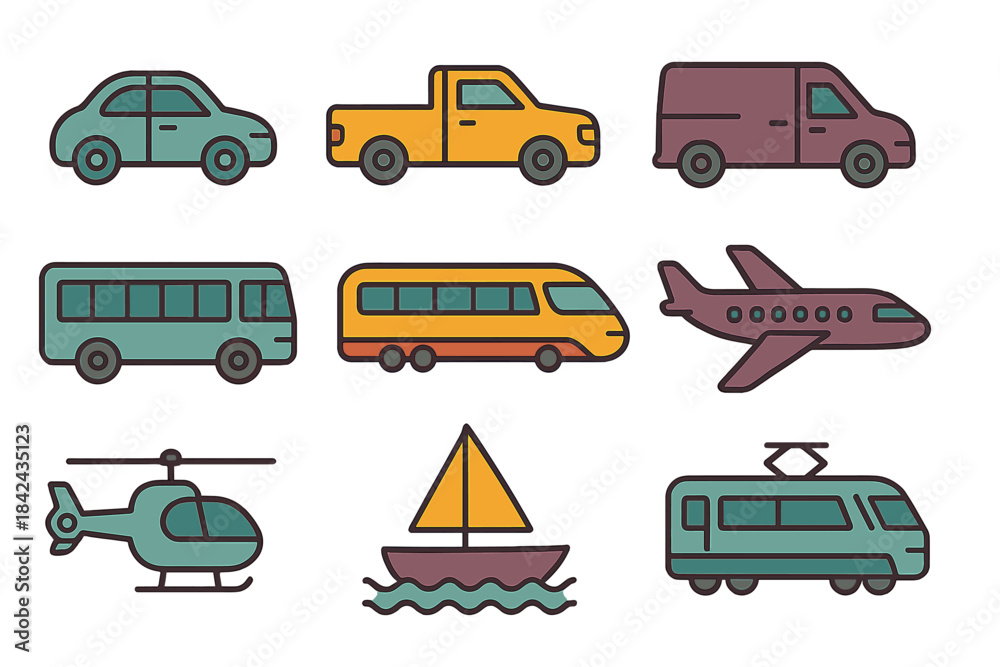 Fototapeta premium Various modes of transportation including cars, buses, and aircraft arranged in a colorful grid layout