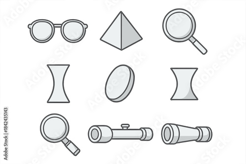 Collection of optical lenses, magnifying glasses, and geometric shapes for science or optics education
