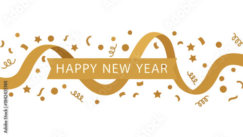 Happy New Year Golden Banner with Festive Confetti and Stars