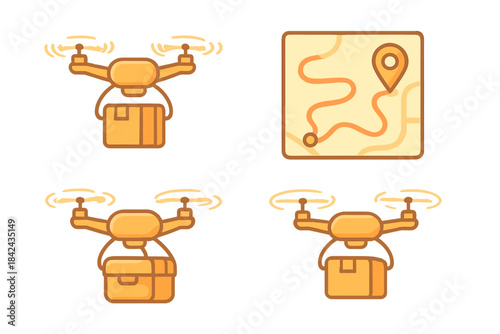 Delivery drones navigating a map with packages ready for transport in a tech-savvy environment