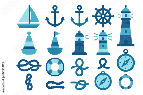 Nautical symbols, boats, and maritime equipment in various shades of blue representing sea life and adventure