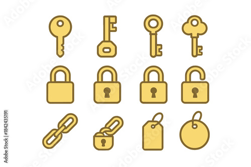 Collection of golden keys, locks, and chains for security and access illustrations
