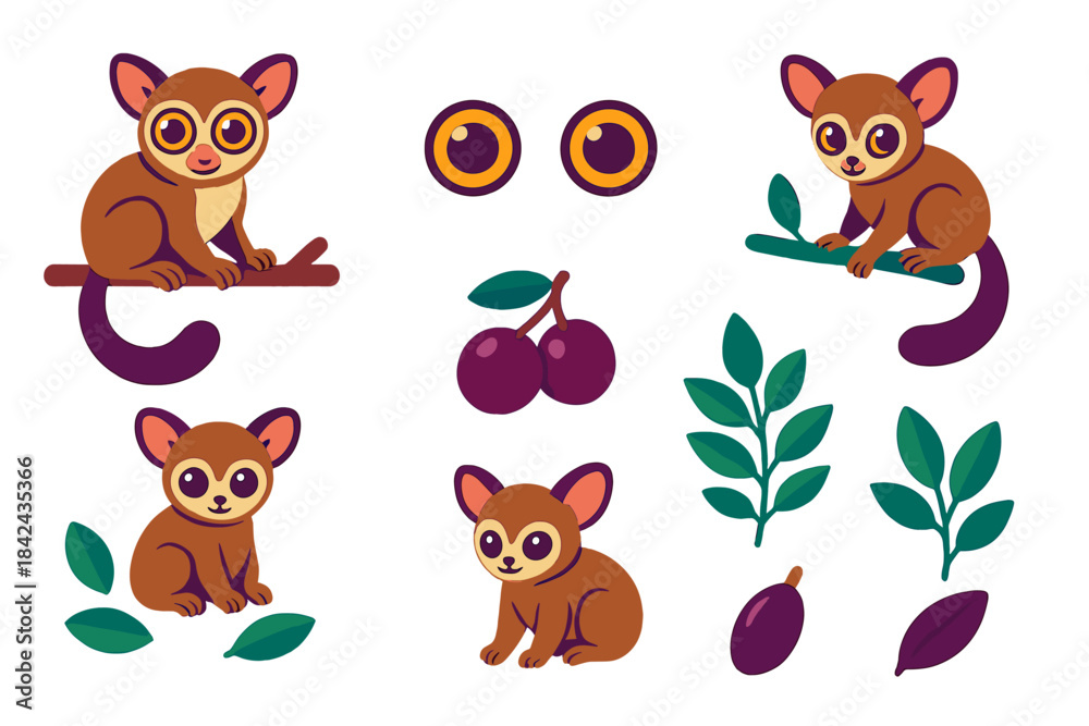 Obraz premium Cute animated characters of small monkeys with big eyes, sitting on branches and surrounded by leaves and fruits in a playful style