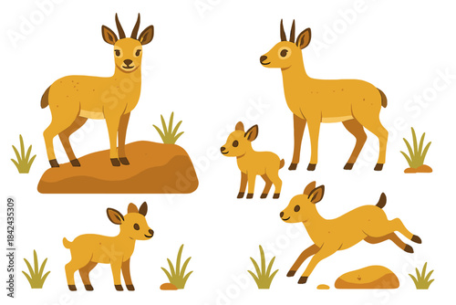 Cute cartoon goats playing in a grass field and exploring their surroundings near a rock formation