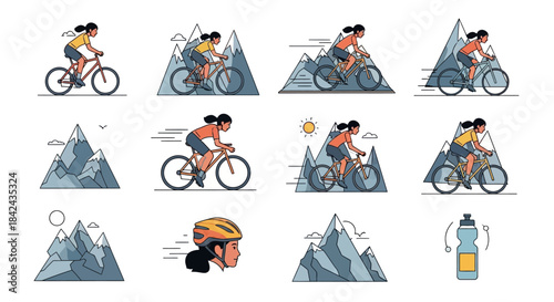 Collection of illustrations depicting people cycling in mountainous landscapes.