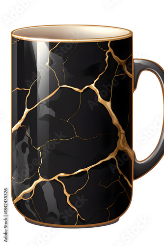Black marble texture mug with gold veining, contemporary luxury design, Isolated to Transparent Background