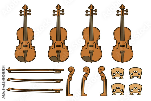 Several violins and their parts arranged on a flat surface for an educational illustration