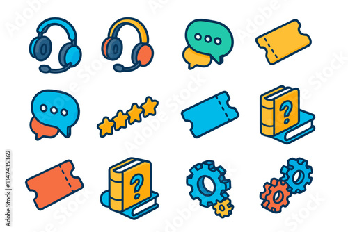 Colorful icons representing support, feedback, tickets, and knowledge resources for customers