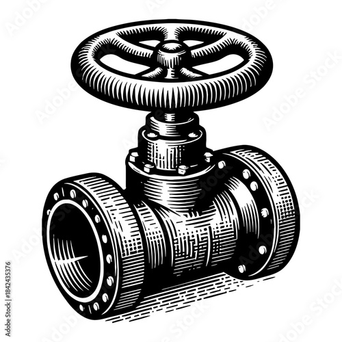 Vintage Industrial Valve With Handwheel And Flanges Black And White Engraving Style