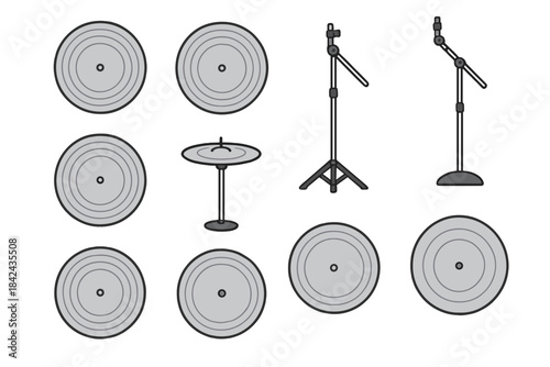 Different types of drum cymbals and stands arranged in a neat layout for music enthusiasts and drummers