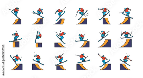 Collection of skiers and snowboarders performing various tricks and jumps on ramps.