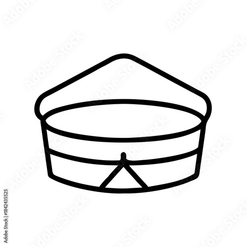 Line art of a round hat with a hanging strap  