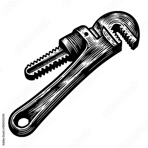 Vintage Pipe Wrench Tool Illustration Black And White