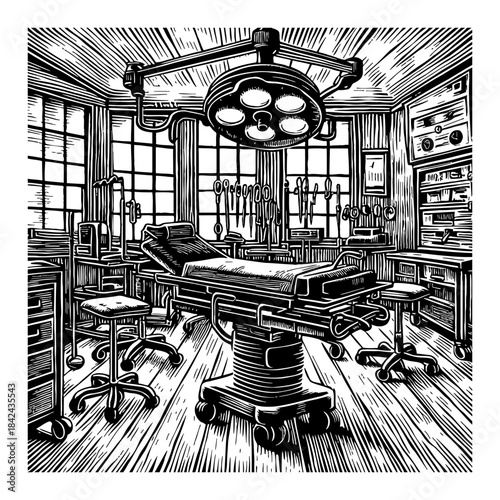 Vintage Operating Room Scene With Surgical Bed And Overhead Lamp In Black And White Illustration
