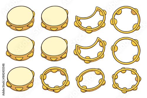 Colorful tambourines in various designs arranged in a grid pattern for musical inspiration and creativity