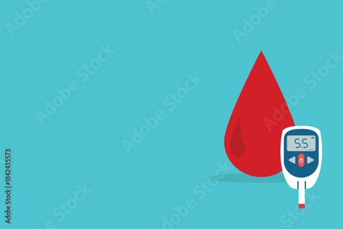 Diabetic glucose measuring device with indication sugar level on a display. High glucose diabetes risk. Glucometer and blood drop